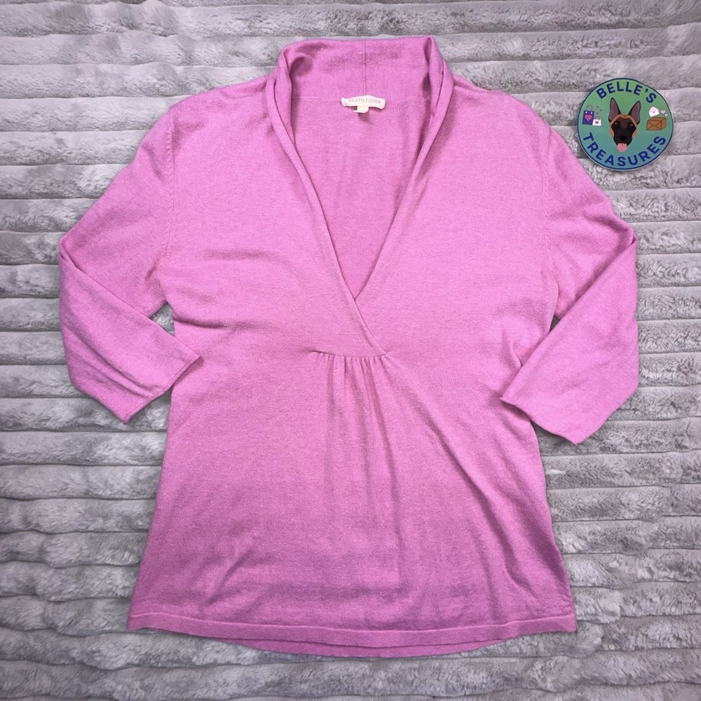 Eileen Fisher Sweater XS Knit Cashmere Blend V-Neck 3/4 Sleeve Pullover Pink Lux